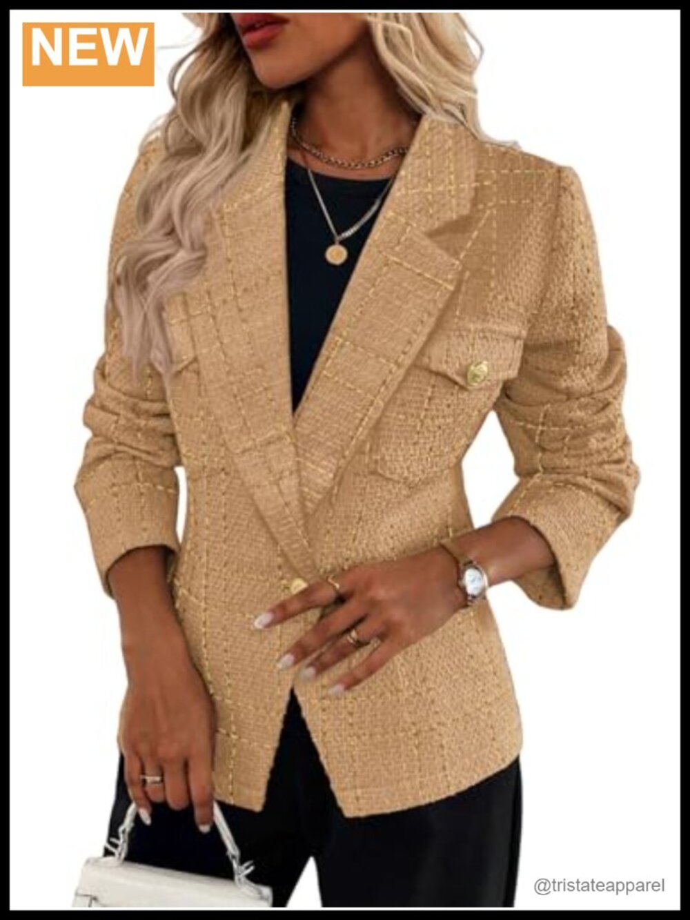 Women's Tweed Plaid Blazer Notch Collar Business Casual Jacket
